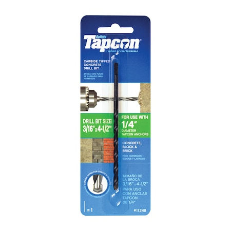 Itw Tapcon 3/16 in. X 4-1/2 in. L Carbide Tipped Concrete Drill Bit Straight Shank 1 pc 11248